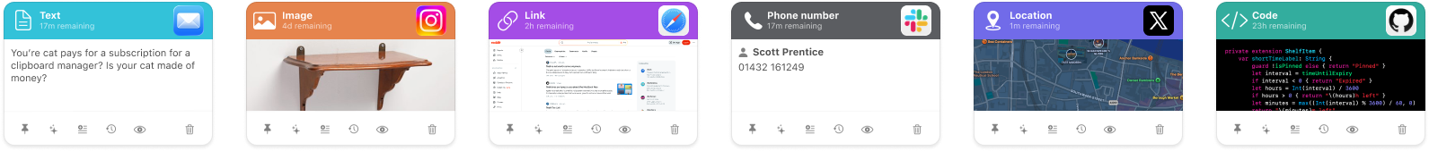 A horizontal row of Shelf-ish cards showing text, password, location, and link clips in varied widths.