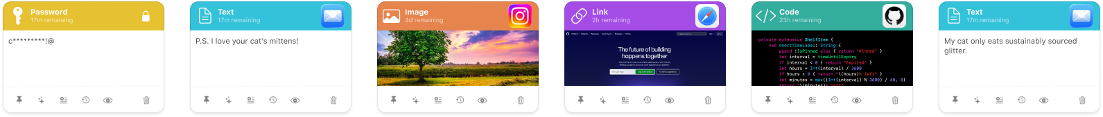 A horizontal row of Shelf-ish cards with screenshots, code, and colourful mixed clip previews.